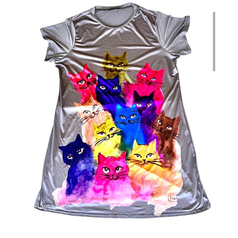 Emery Rose Dress 3XL Gray Colorful Cats Art to Wear Kitty Lover Festive …